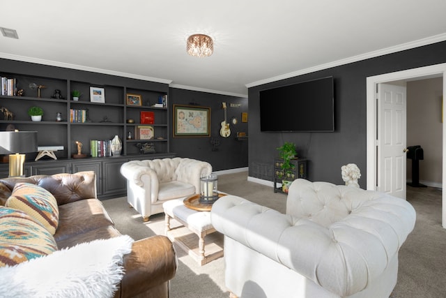 carpeted living room featuring ornamental molding