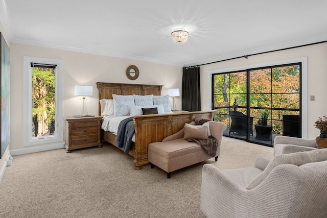 bedroom featuring light carpet, crown molding, and access to outside