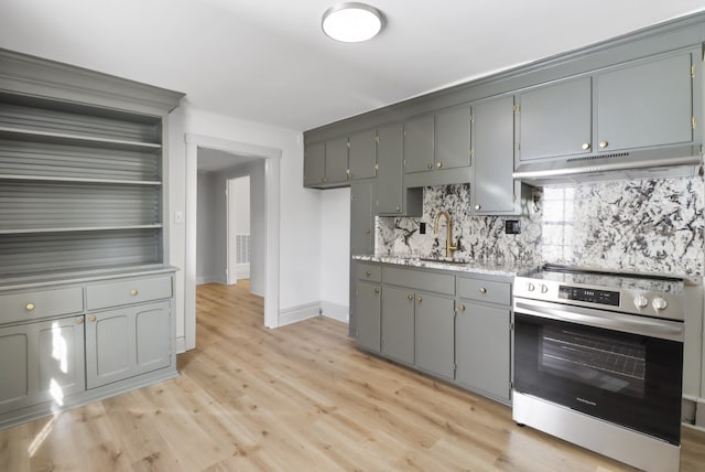 kitchen with sink, light hardwood / wood-style flooring, gray cabinetry, and electric stove