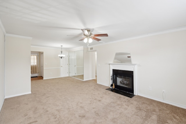 unfurnished living room with crown molding, light colored carpet, and ceiling fan