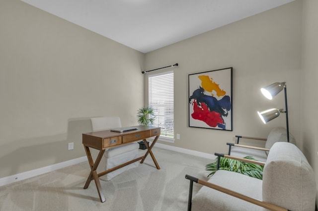 office area featuring light colored carpet