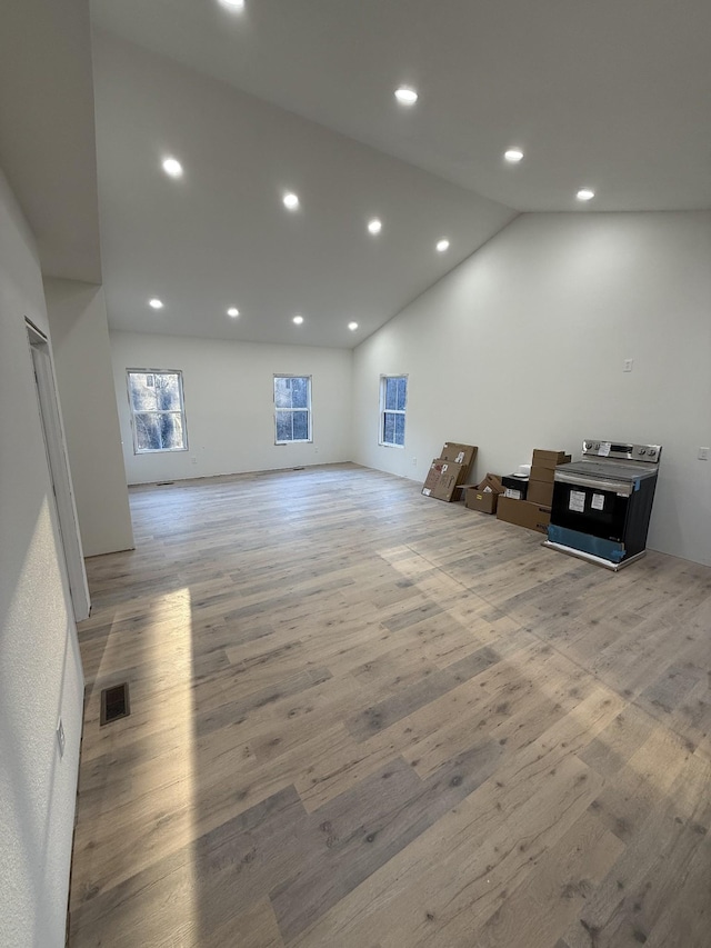 living room featuring wood-type flooring and vaulted ceiling