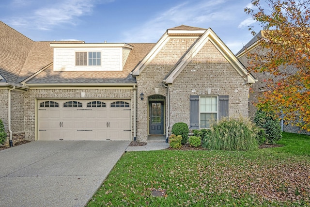 view of front facade with a front yard and a garage