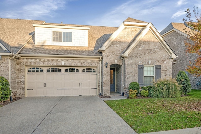 view of front of property featuring a front yard and a garage