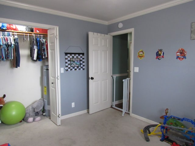 playroom featuring ornamental molding, electric water heater, and carpet floors