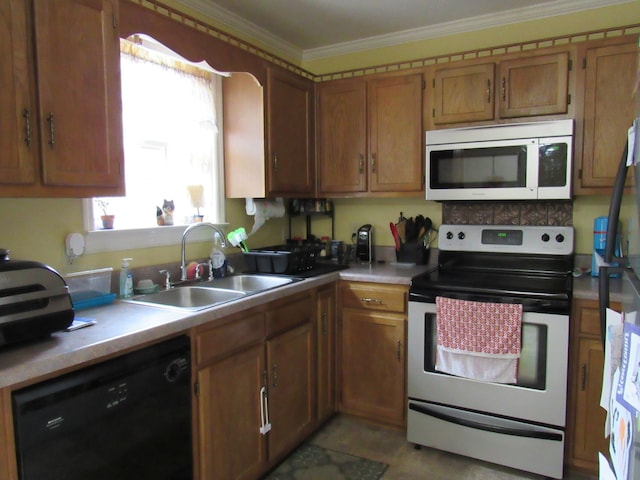 kitchen with crown molding, dishwasher, white electric stove, and sink