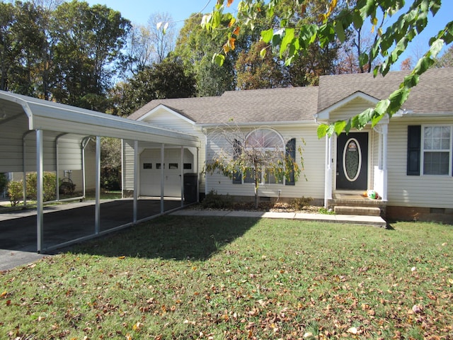 ranch-style home with a front yard, a garage, and a carport