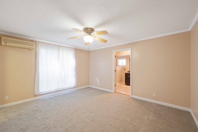 unfurnished bedroom with light carpet, a wall unit AC, multiple windows, and ceiling fan