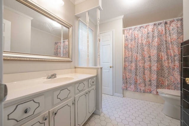 full bathroom with toilet, tile patterned flooring, crown molding, shower / tub combo with curtain, and vanity