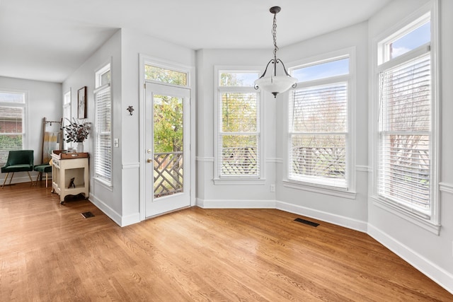 interior space with a wealth of natural light and light hardwood / wood-style flooring