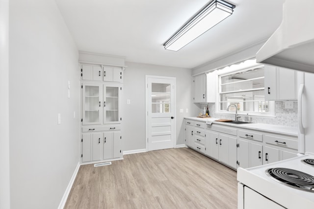 kitchen with sink, white cabinetry, light hardwood / wood-style floors, and tasteful backsplash