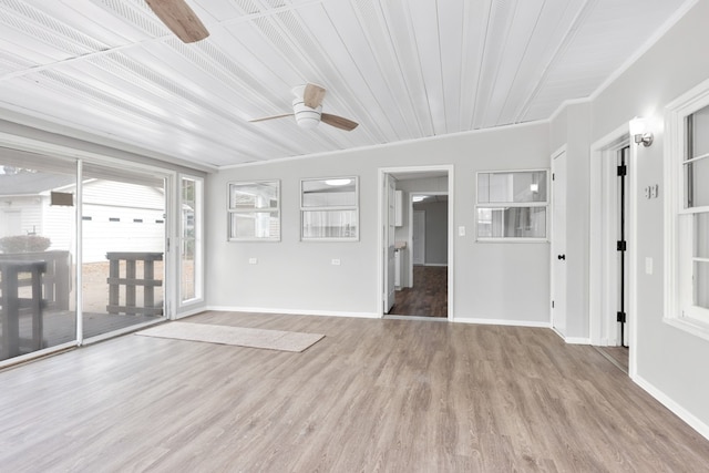 unfurnished living room with wood ceiling, ceiling fan, light wood-type flooring, and crown molding