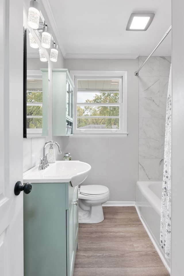 full bathroom with vanity, toilet, a wealth of natural light, and hardwood / wood-style floors