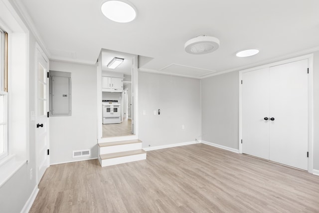 unfurnished living room featuring light hardwood / wood-style floors and electric panel