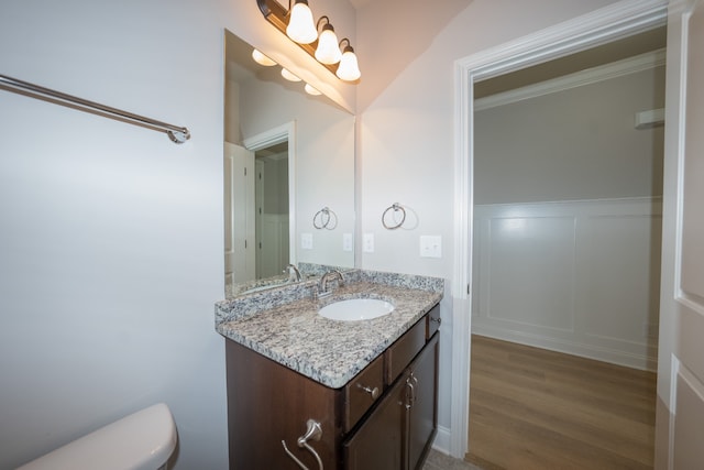 bathroom with vanity, hardwood / wood-style floors, and toilet