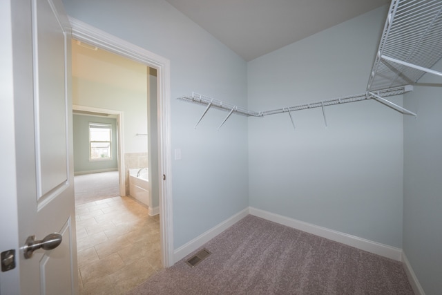 walk in closet with light carpet