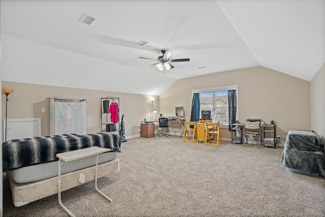 bedroom with ceiling fan, carpet, and vaulted ceiling