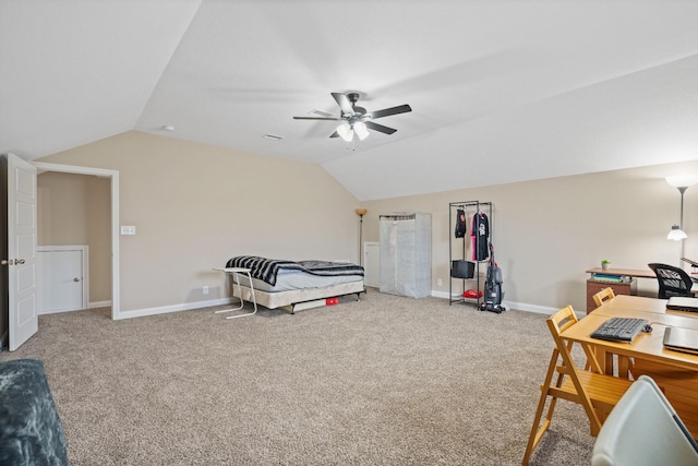 bedroom featuring carpet, vaulted ceiling, and ceiling fan