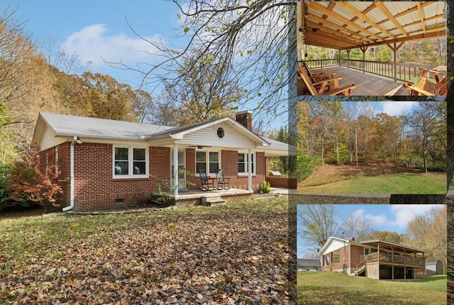 view of front facade featuring brick siding, crawl space, a chimney, and a front yard