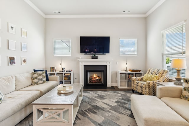 living room featuring crown molding and hardwood / wood-style floors