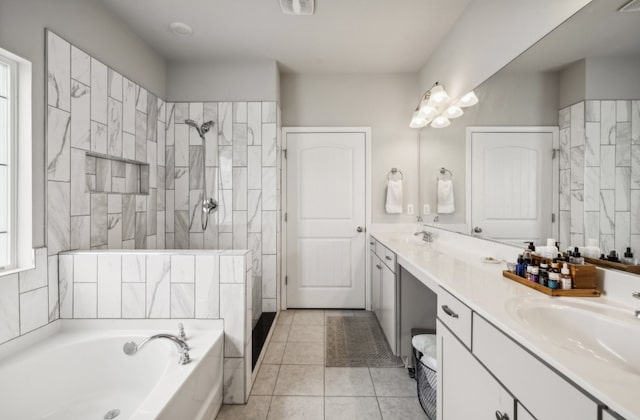 bathroom with vanity, separate shower and tub, and tile patterned flooring