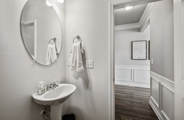 bathroom featuring ornamental molding, hardwood / wood-style floors, and sink