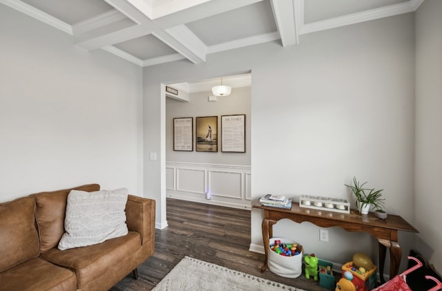 living room with dark wood-type flooring, crown molding, and beam ceiling