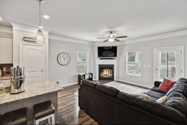 living room featuring crown molding, ceiling fan, and dark hardwood / wood-style flooring