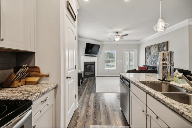 kitchen with crown molding, decorative light fixtures, stainless steel dishwasher, and dark wood-type flooring