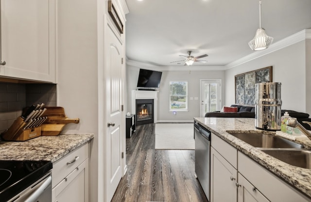 kitchen featuring white cabinets, dark hardwood / wood-style flooring, ornamental molding, decorative light fixtures, and stainless steel appliances