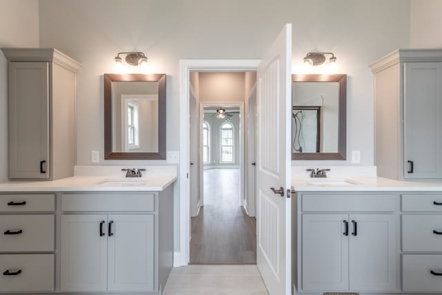 bathroom featuring vanity, ceiling fan, and wood-type flooring