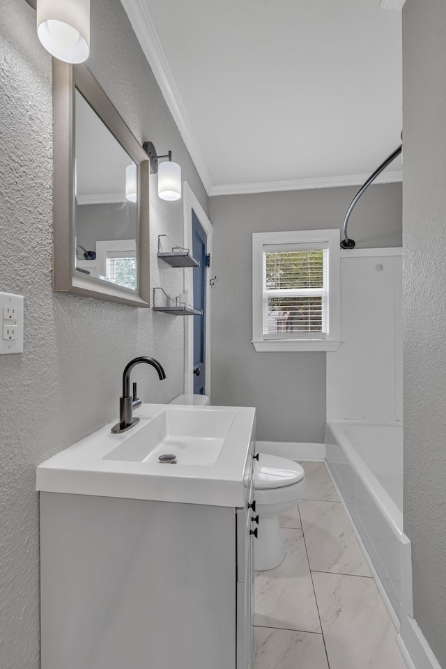 full bathroom with vanity, crown molding, shower / washtub combination, and toilet