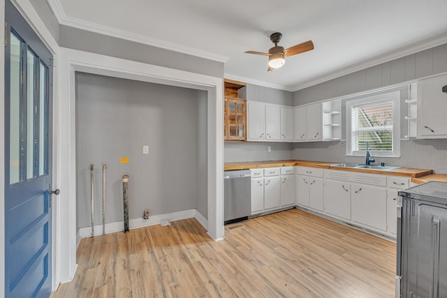 kitchen with dishwasher, white cabinetry, crown molding, and light hardwood / wood-style floors