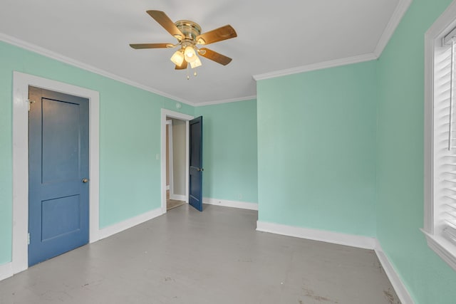 unfurnished bedroom featuring concrete floors, crown molding, and ceiling fan