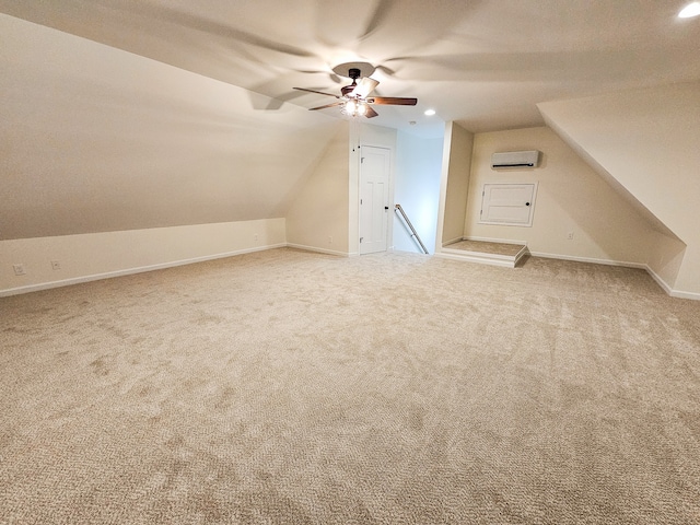 bonus room with ceiling fan, carpet flooring, and vaulted ceiling