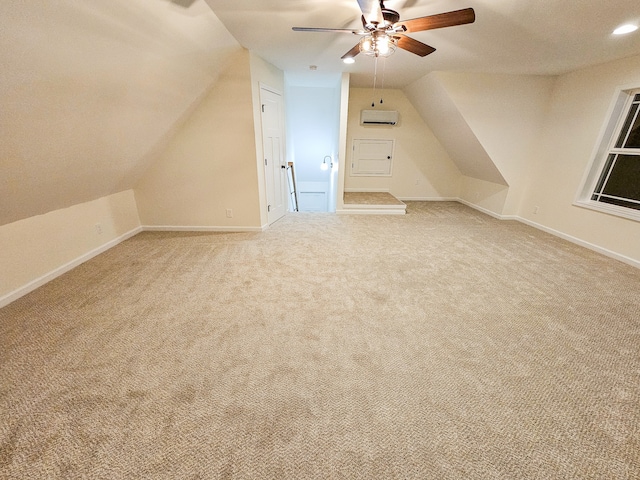 bonus room featuring light carpet, vaulted ceiling, and ceiling fan