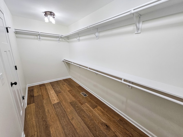 walk in closet with dark hardwood / wood-style flooring