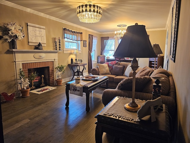 living room with dark wood-type flooring, crown molding, an inviting chandelier, and a fireplace