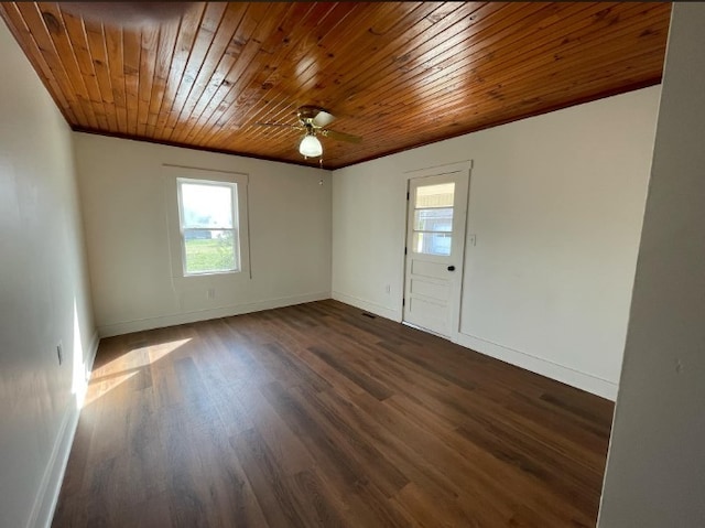 empty room featuring wooden ceiling, dark hardwood / wood-style floors, and ceiling fan