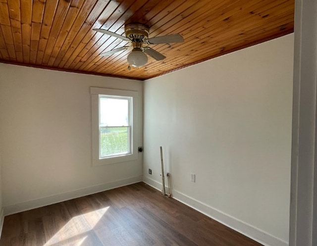 empty room featuring ceiling fan, wooden ceiling, and dark hardwood / wood-style floors