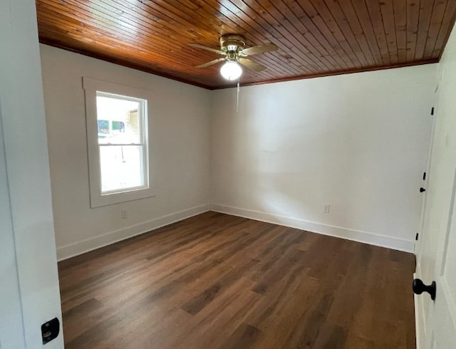 empty room with ceiling fan, wood ceiling, dark hardwood / wood-style flooring, and ornamental molding