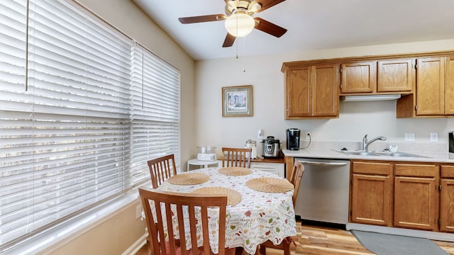 kitchen featuring dishwasher, light hardwood / wood-style floors, sink, and ceiling fan