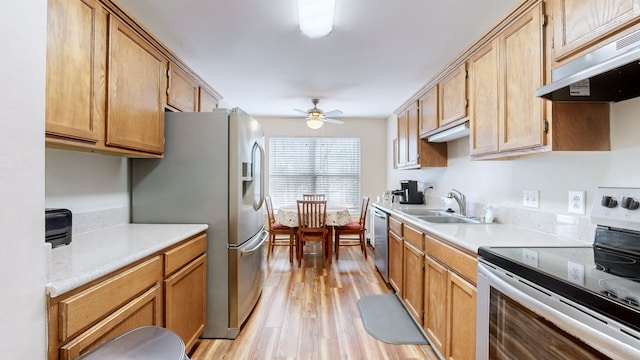 kitchen with ceiling fan, sink, light wood-type flooring, and appliances with stainless steel finishes