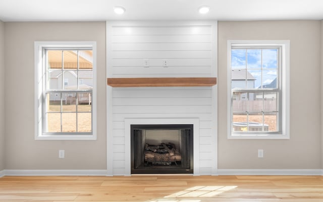 interior space with a large fireplace and wood-type flooring