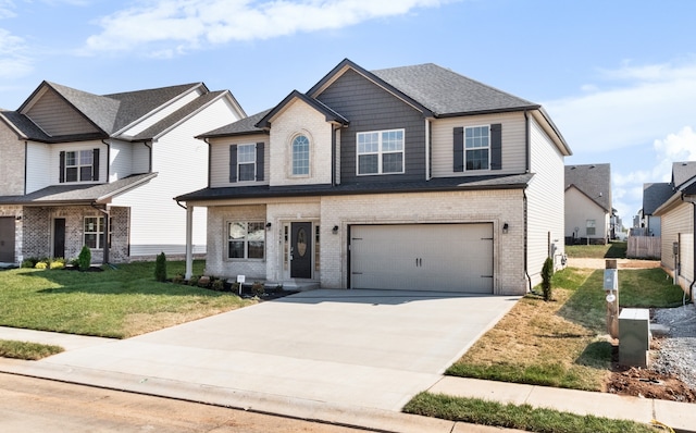 view of front of property featuring a front yard and a garage