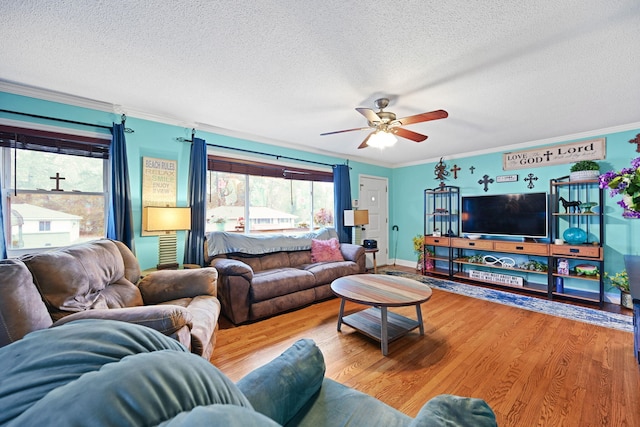 living room with ornamental molding, hardwood / wood-style floors, a textured ceiling, and ceiling fan