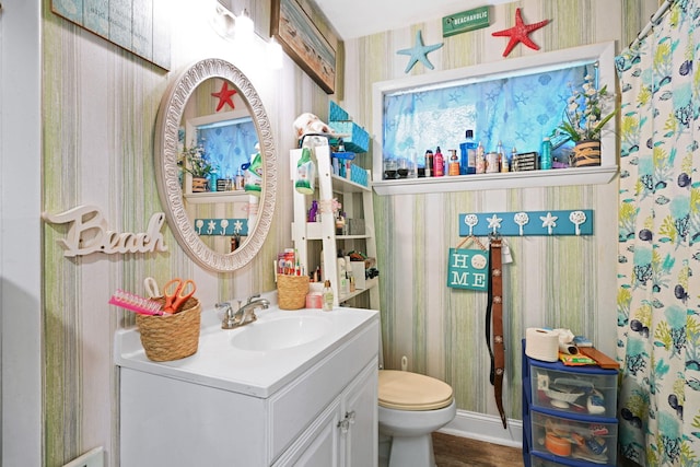 bathroom featuring vanity, hardwood / wood-style floors, and toilet