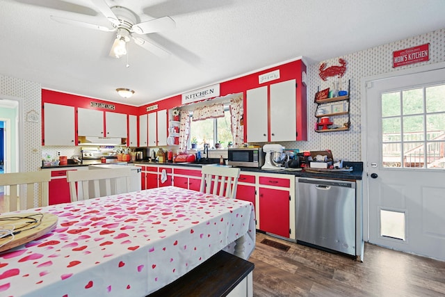 kitchen featuring dark wood-type flooring, appliances with stainless steel finishes, white cabinets, and ceiling fan