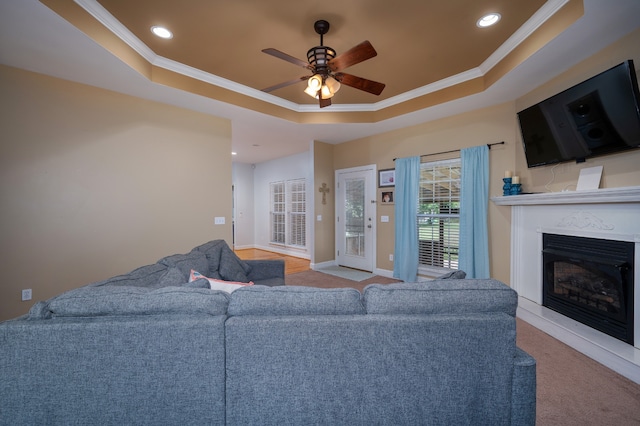 carpeted living room featuring ornamental molding, a raised ceiling, and ceiling fan