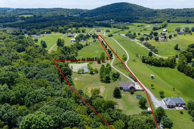 birds eye view of property with a mountain view and a rural view